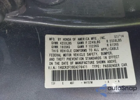 2014 Honda Accord Lx из США, поврежденный, VIN 1HGCR2F39EA276471